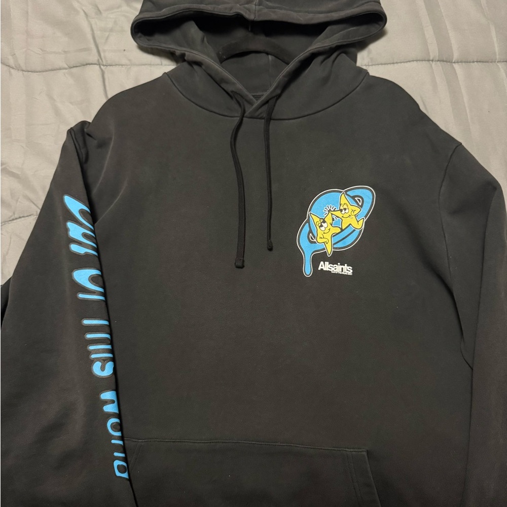 All Saints Black Hoodie with Blue and Yellow Graphic